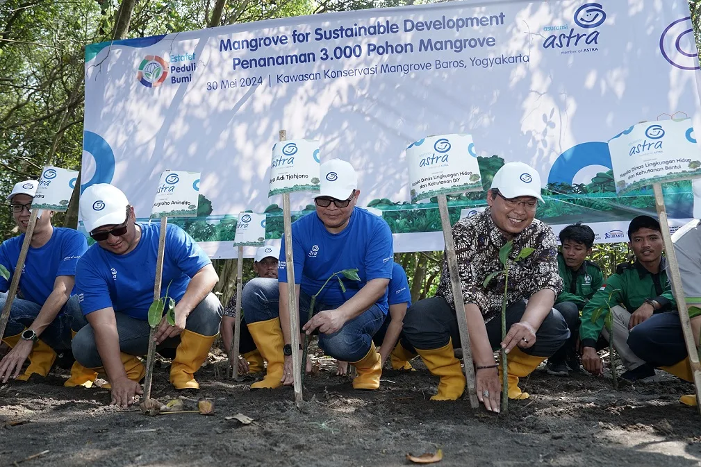Chief Compliance & Risk Management Officer Asuransi Astra, Widya Adi Tjahjono (tengah) dan Kepala Dinas Lingkungan Hidup dan Kehutanan DI Yogyakarta, Kusno Wibowo, (kanan) melangsungkan penanaman bibit pohon Mangrove guna menjaga dan melestarikan kelangsungan lingkungan hidup, Kamis (30/5/2024). Ist