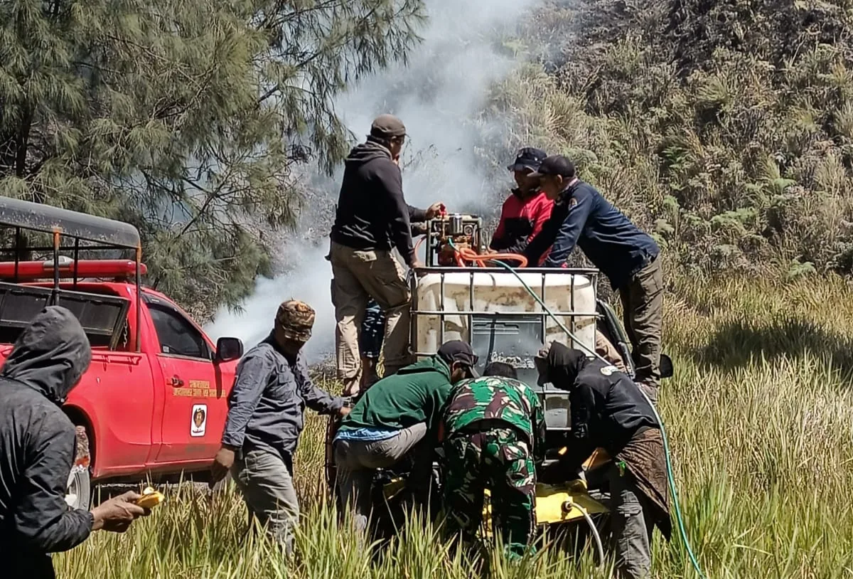Petugas gabungan memadamkan api yang membakar kawasan hutan Taman Nasional Bromo Tengger Semeru (TNBTS) di Gunung Batok, Kabupaten Pasuruan, Jawa Timur, Sabtu (22/6). Api sudah berhasil dipadamkan. Foto: Tugusatu/Dok. TNBTS