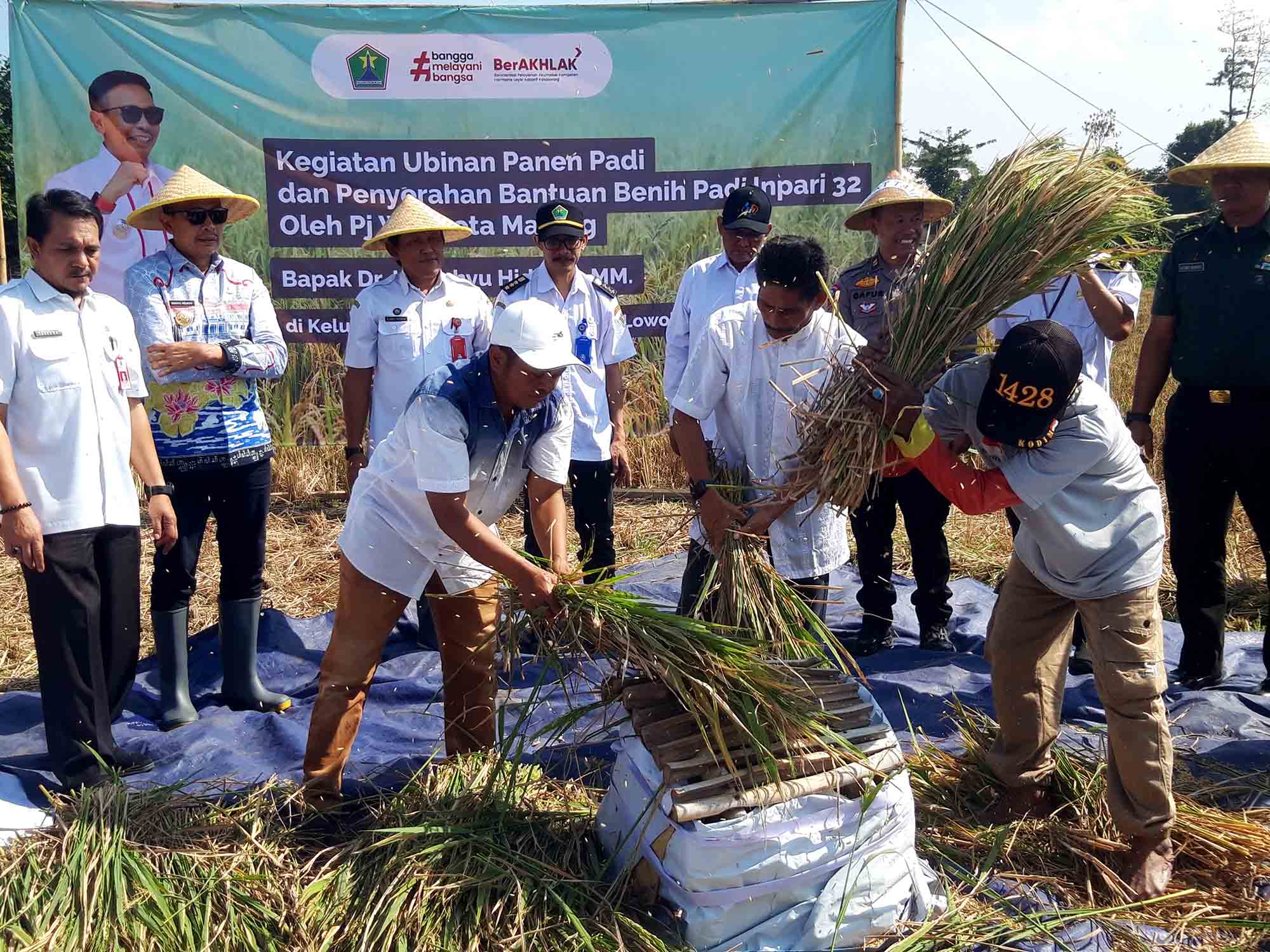 Petani merontokkan padi saat pengambilan ubinan panen padi dan penyerahan bantuan benih di Kelurahan Tasikmadu, Kecamatan Lowokwaru, Kota Malang, Rabu (26/6). Foto: Tugusatu/Bagus Suryo