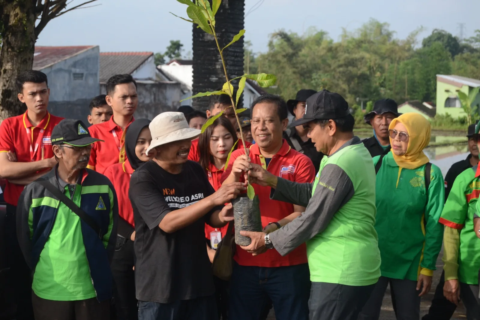 Regional Corcom Manager Alfamart, Mochammad Faruq Asrori (tengah), secara simbolis menyerahkan pohon penghijauan kepada Wasto (kanan), Pembina kaderling Kota Malang, di Malang, Minggu (2/6/2024). Ist