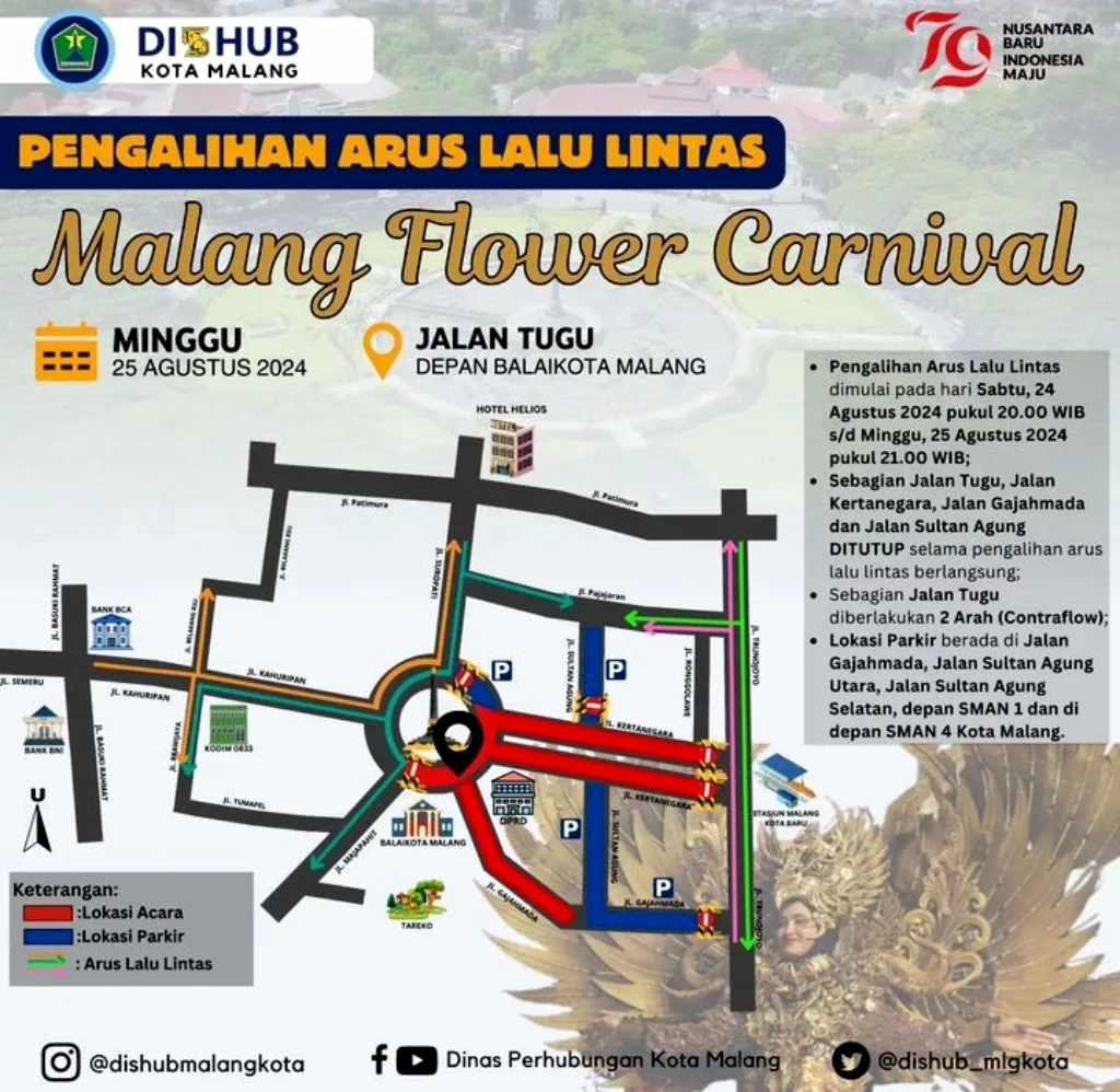 Pengalihan arus lalu lintas imbas Malang Flower Carnival di depan Balai Kota Malang dan Alun-Alun Tugu Malang. Foto: Instagram @dishubmalangkota