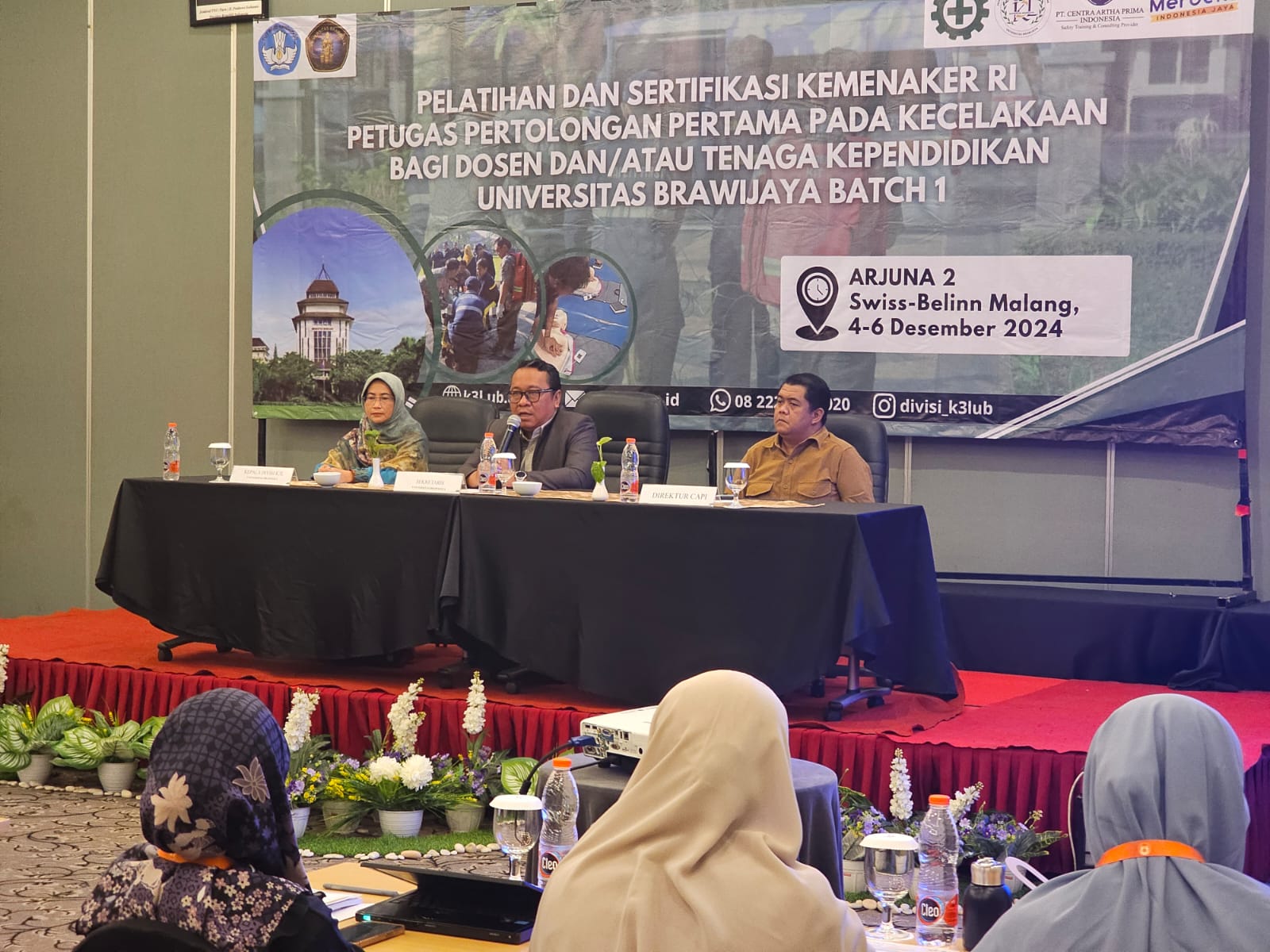 Pembukaan Pelatihan dan Sertifikasi Petugas Pertolongan Pertama Pada Kecelakaan (P3K) bagi dosen dan tenaga kependidikan UB,di Hotel Swiss-Belinn selama tiga hari (4/12/2024). Istimewa