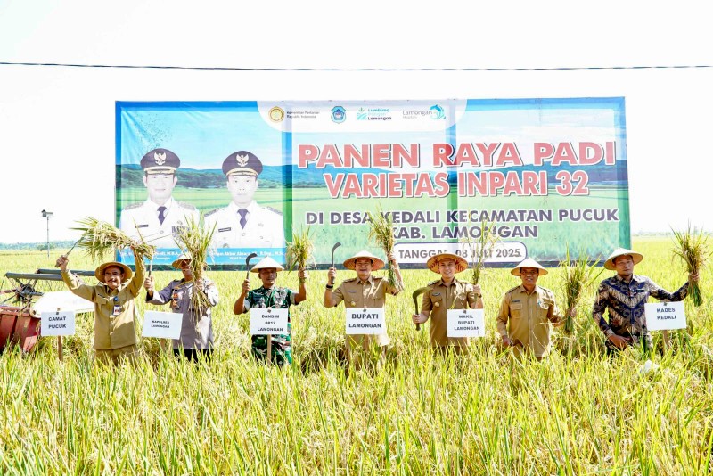 Bupati Lamongan Yuhronur Efendi akrab disapa Pak Yes bersama pemangku kepentingan panen raya padi di Desa Kedali, Kecamatan Pucuk, Selasa (8/7/2025). Foto: Tugusatu/YKB